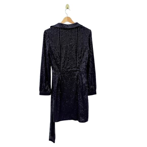 Double Crazy Black Sequin Long Sleeve Wrap Dress L - Picture 6 of 8